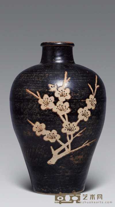 黑釉梅花瓶 高24cm